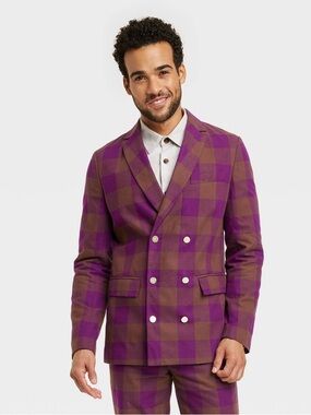 NWT Houston White Adult Buffalo Check Double Breasted Suit Jacket - Purple/Brown